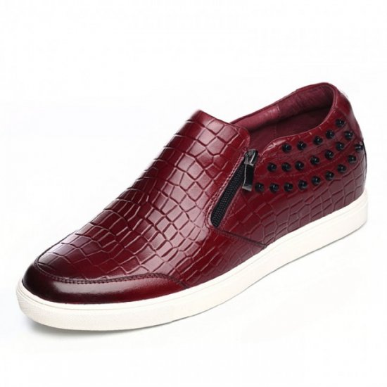 Casual 5.5CM/2.17Inches Wine Red Stone Pattern Zipped Loafers Elevator Shoes