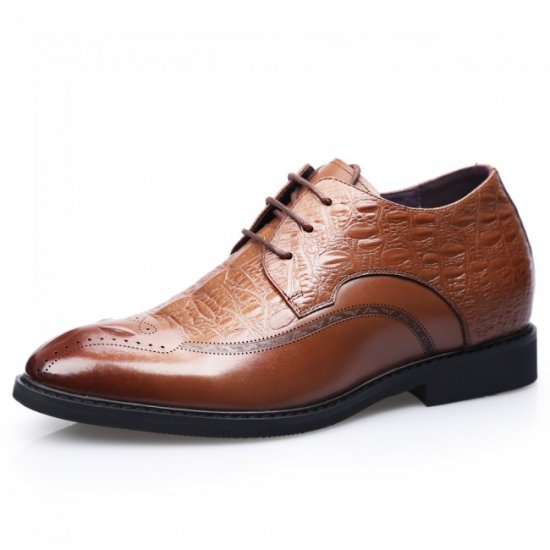 2.8Inches/7CM Brown Cowhide Wing Tip Brogue Croc Elevator Formal Business Shoes