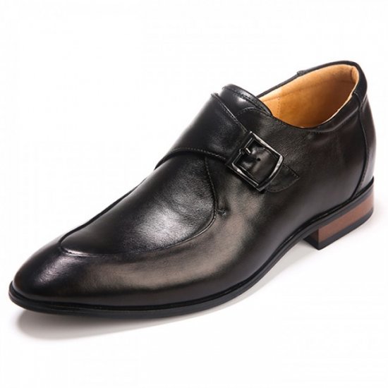 2.5Inches/6.5CM Black Italian Cow Leather Buckle Strap Elevator Pointy Dress Shoes
