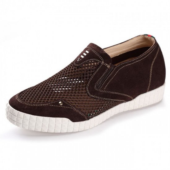 Casual Mesh 2.56Inches/6CM Coffee Slip On Elevator Loafers Shoes