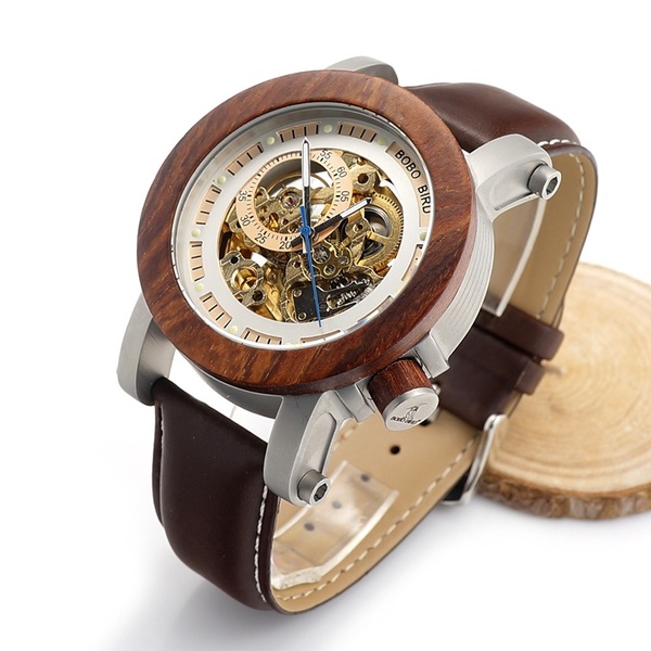 BOBO BIRD Luxury Brand Men Mechanical Watches Black Wooden Watch Genuine Leather Strap Wooden Gifts Boxes K10