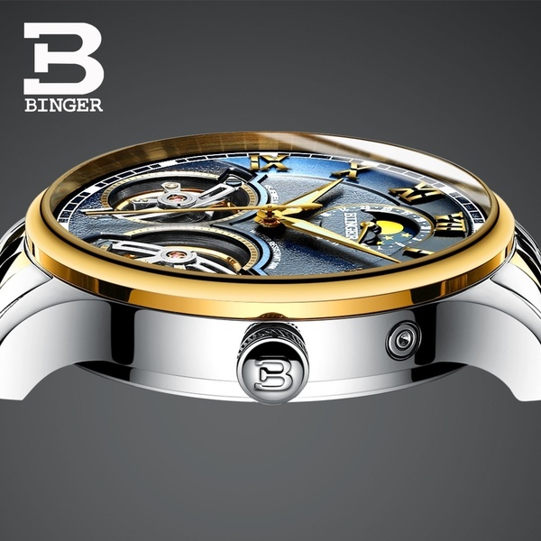 BINGER Double Tourbillon Switzerland Watches 30M Waterproof Men's Automatic Watch Self-Wind Mechanical Wristwatch Montre Uhr Reloj Relogios