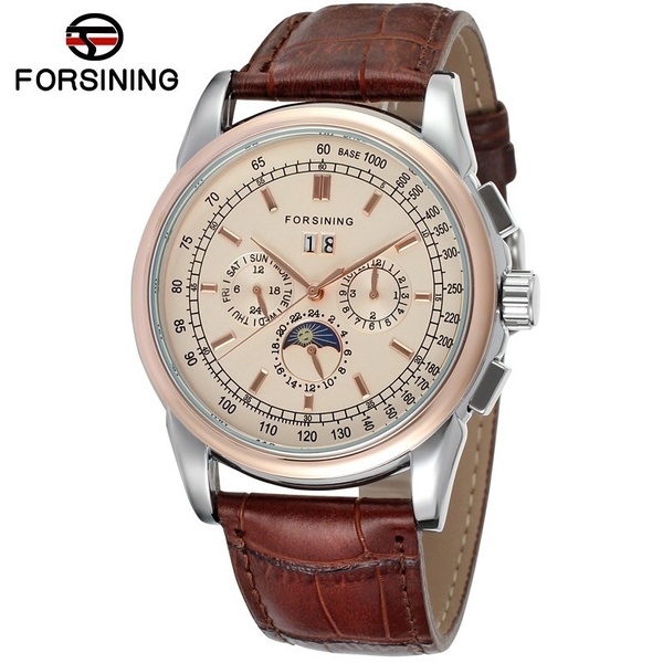 Fashion FORSINING Men Luxury Moon Phase Genuine Leather Calendar Watch Automatic Mechanical Wristwatch