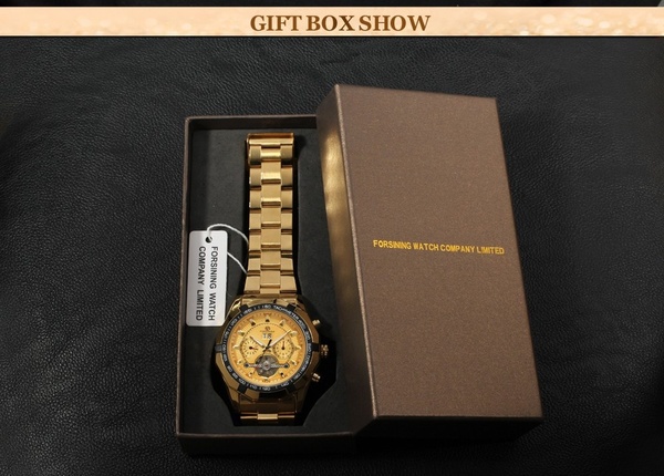 FORSINING Stainless Steel Automatic Calendar Men Gold Watch with Gift Box