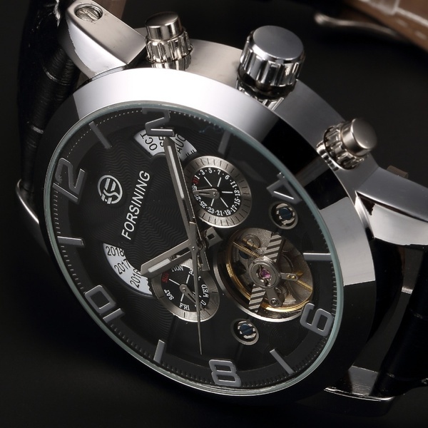 FORSINING Multifunction Mechanical Auto Analog Date Day Leather Strap Male Clock Men Dress Wrist Automatic Self Wind Watch with Gift Box [19060540]
