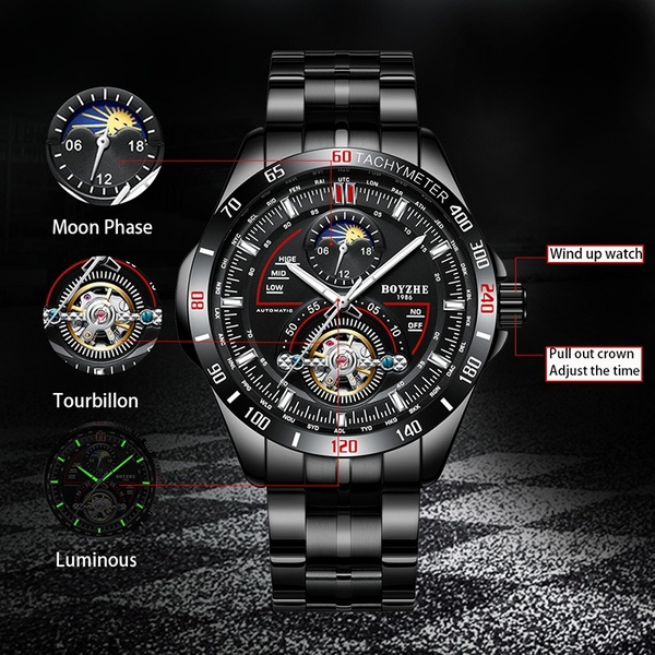 BOYZHE Cool All Black Series Men Tourbillon Mechanical Watch Moon Phase Stainless Steel Military Watches Herrenuhr