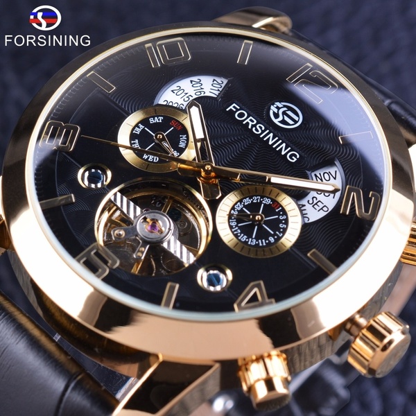 FORSINING Rose Gold Multifunction Mechanical Auto Date Day Leather Strap Male Clock Men Dress Wrist Automatic Self Wind Watch with Gift Box