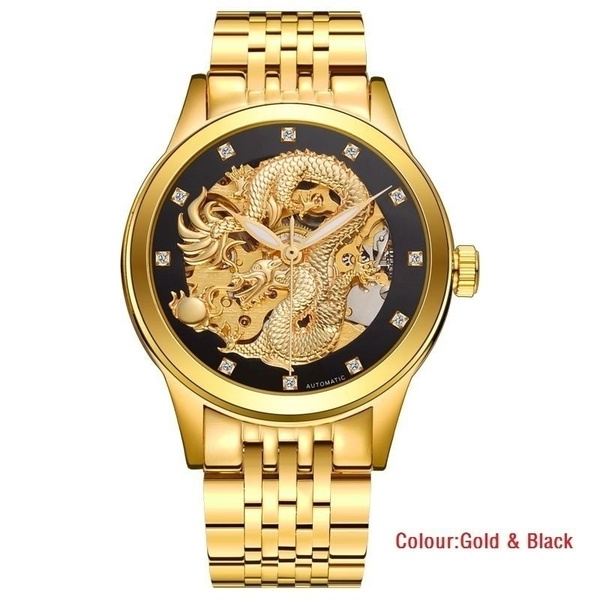 TEVISE Dragon Skeleton Automatic Mechanical Watch for Men Stainless Steel Strap Gold Mens Watches 50m Waterproof Reloj Para Hombre