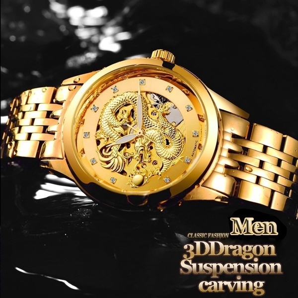 TEVISE Dragon Skeleton Automatic Mechanical Watch for Men Stainless Steel Strap Gold Mens Watches 50m Waterproof Reloj Para Hombre