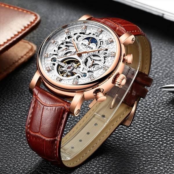 KINYUED Calendar Men Mechanical Watch Brown Genuine Leather Casual Man Clock Moon Phase Automatic Wristwatches
