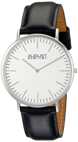 August Steiner Men's AS8084XBK Quartz Classic Silver Dial Slim Case Watch with Black over Nubuck Leather Strap