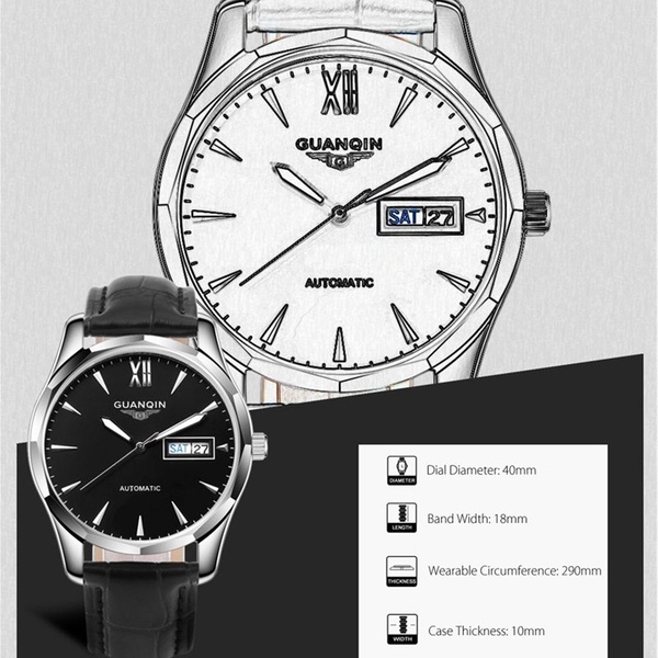 GUANQIN GJ16034 Men Auto Mechanical Watch Date Day Display Genuine Leather Band Wristwatch
