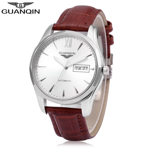 GUANQIN GJ16034 Men Auto Mechanical Watch Date Day Display Genuine Leather Band Wristwatch