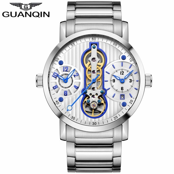 GUANQIN Luxury Brand Creative Automatic Skeleton Men Watch Tourbillon Stainless Steel Waterproof Men\'s Business Mechanical Watches