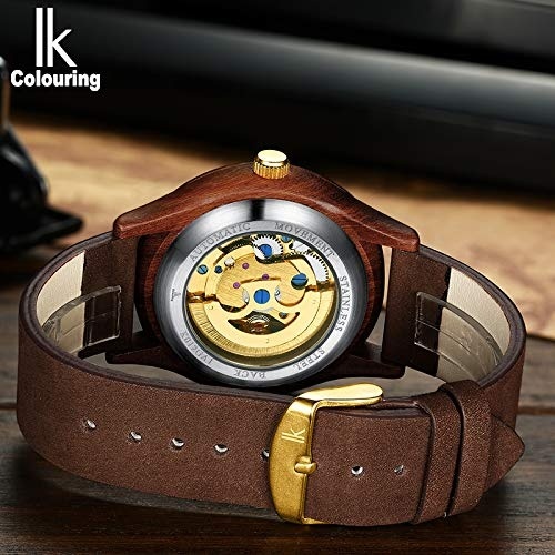 IK Colouring Men Watches, Wood Case Casual Automatic Mechanical Skeleton Wrist-Watch Genuine Leather Bracelet