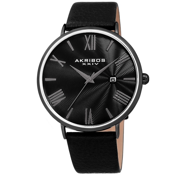 Akribos XXIV Men s Watch AK1041 Crocodile Embossed or Smooth Genuine Leather Band Classic Round Case, Roman Numeral Markers, Guilloche Dial