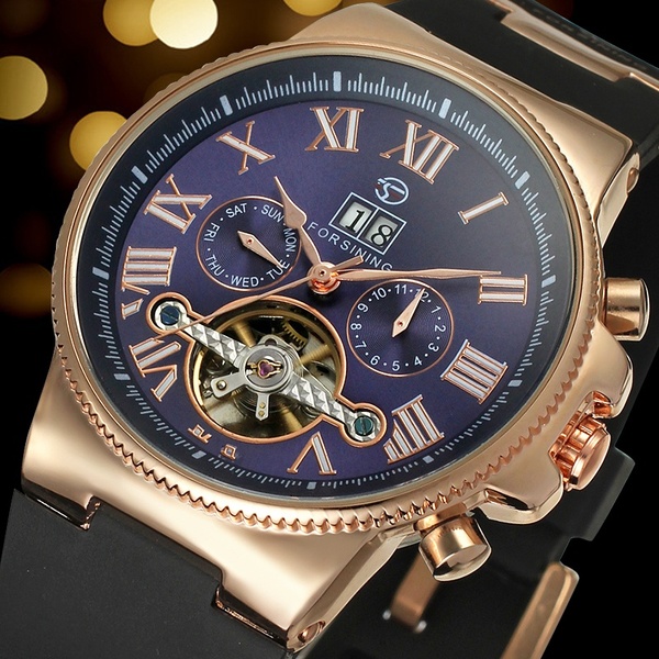 FORSINING Men's Watch Fasion Automatic Promotion Dress Alloy Plastic Band Gift Box Wristwatch Deep Blue