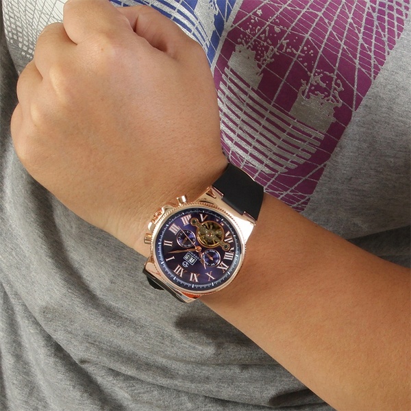 FORSINING Men\'s Watch Fasion Automatic Promotion Dress Alloy Plastic Band Gift Box Wristwatch Deep Blue