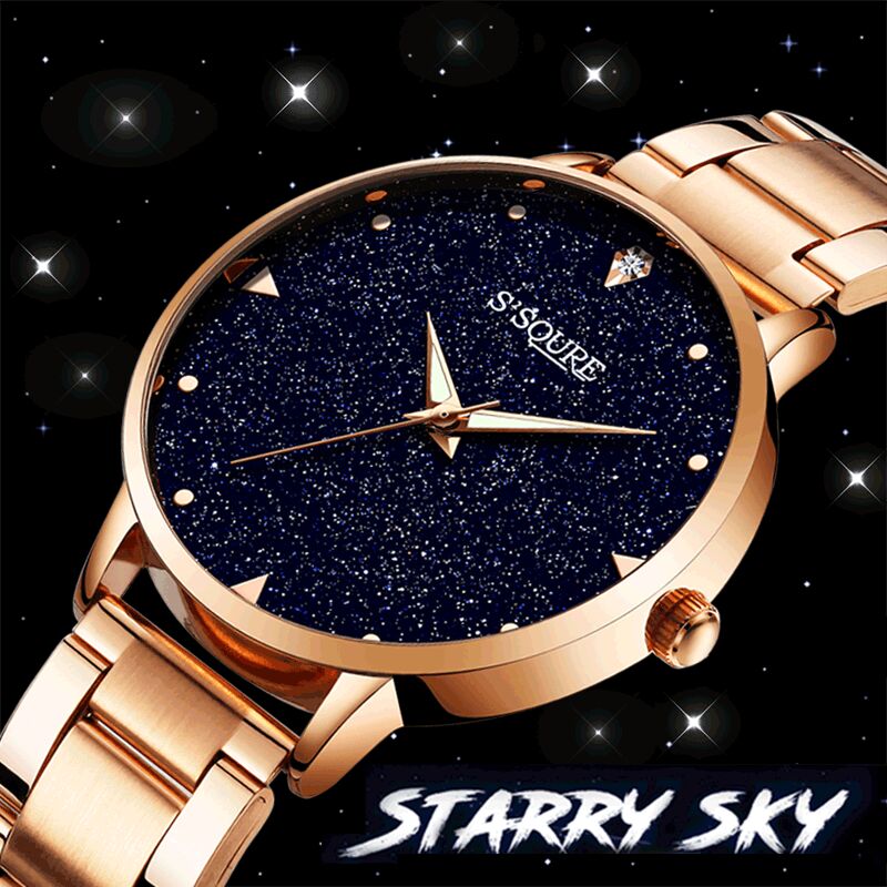 S003 S2SQURE Stainless Steel Band Quartz Watch with Glittery Starry Sky Blue Dial