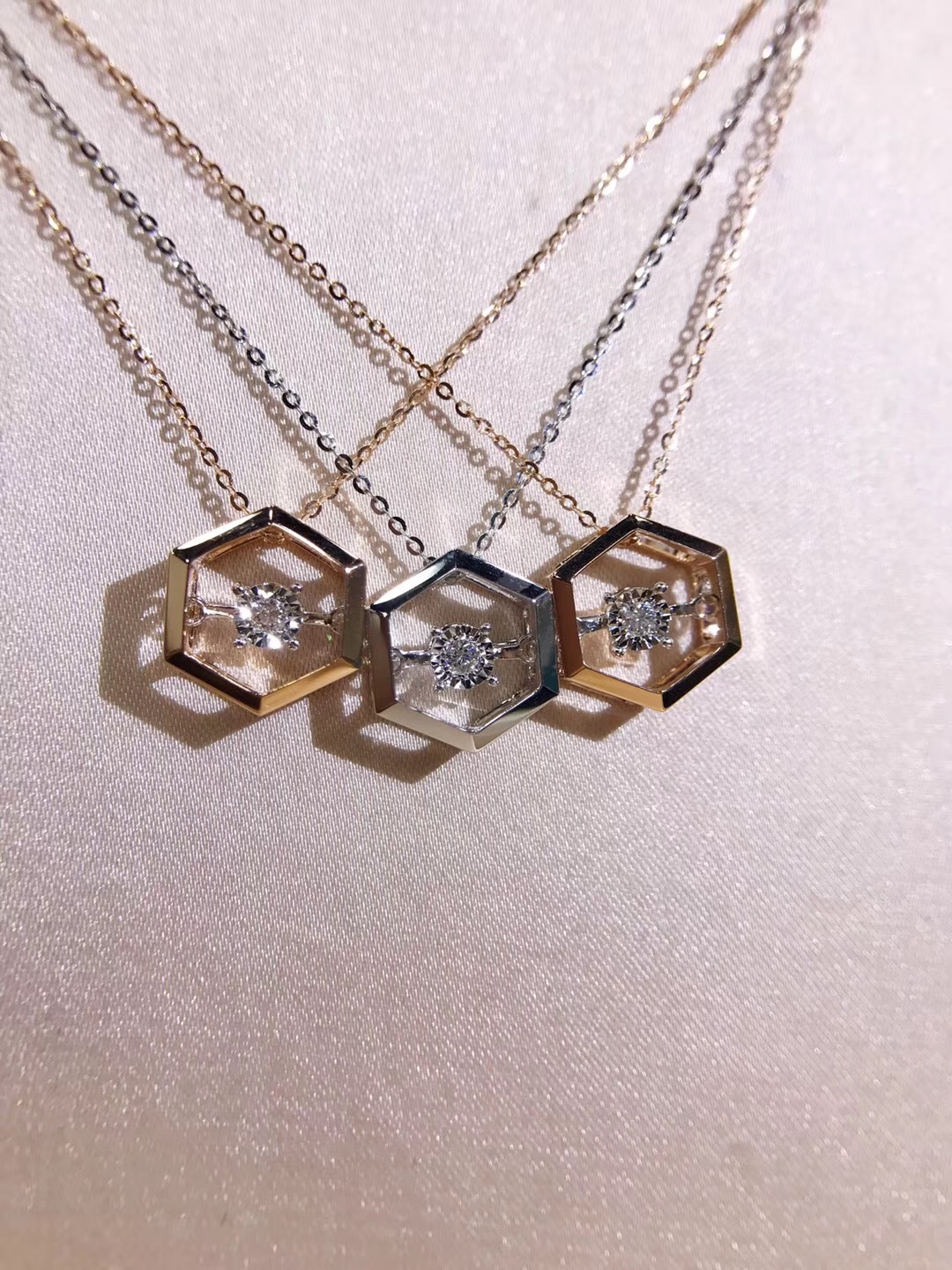 A00012 Hexagon Diamond Necklace in White Gold/Rose Gold
