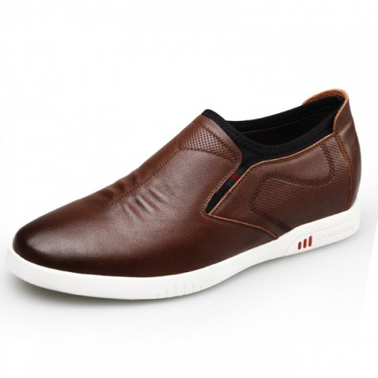 Comfort 2.4Inches/6CM Height Increasing Brown Soft Calfskin Slip On Skate Shoes [SH792]