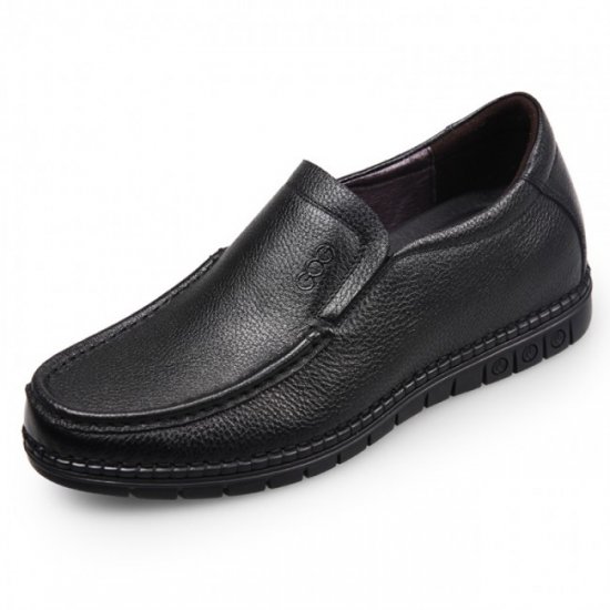 Soft 2.4Inches/6CM Black Stitching Flat Calf Leather Elevator Casual Loafers Shoes