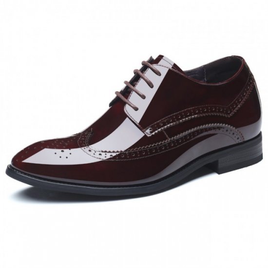 Glossy 2.8Inches/7CM Wine Red Cowhide Wing TipTuxedo Brogue Formal Elevator Shoes