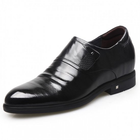 2.6Inches/ 6.5CM Slip On Heel Embossed Stripe Zip Black Elevator Dress Formal Shoes