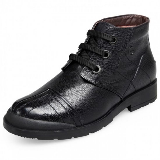 Men Height 2.6Inches/6.5CM Black High Top Wool Boots Elevator Shoes 