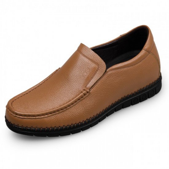 Casual 2.4Inches/6CM Brown Stitching Flat Calf Leather Elevator Loafers Shoes