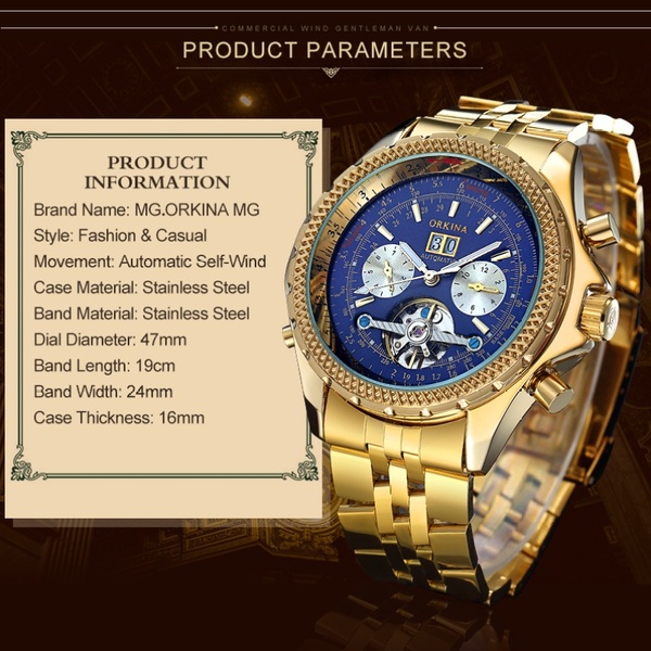 MG. ORKINA Mens Golden Automatic Mechanical Wrist Watch Day Date Month Relojes with Gift Box