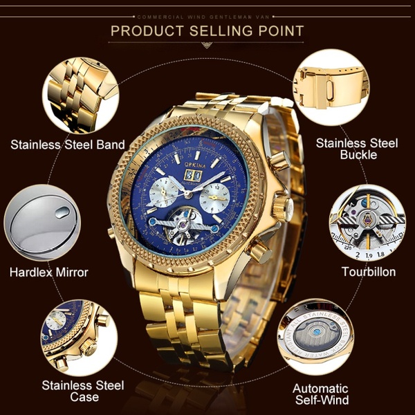 MG. ORKINA Mens Golden Automatic Mechanical Wrist Watch Day Date Month Relojes with Gift Box