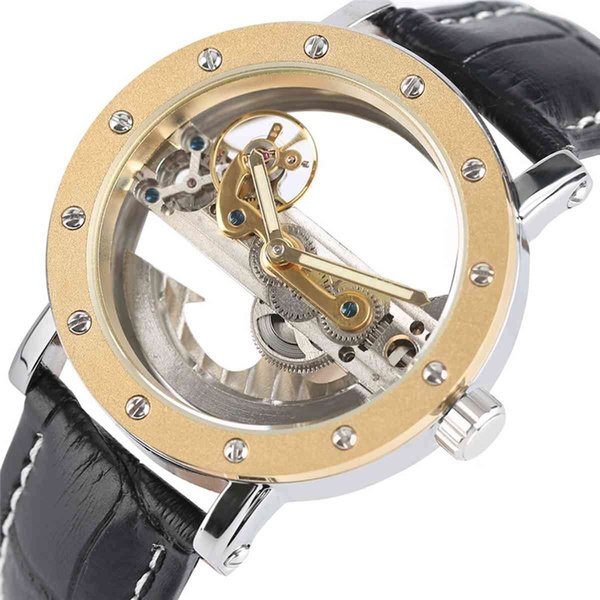 Men's Luxury Fashion Bridge Steel Leather Strap Round Dial Steampunk Skeleton Mechanical Wrist Watch