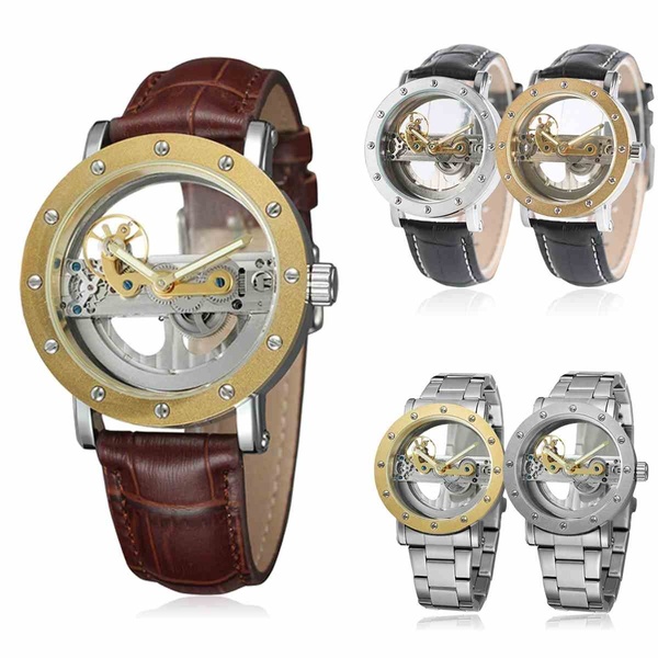 Men\'s Luxury Fashion Bridge Steel Leather Strap Round Dial Steampunk Skeleton Mechanical Wrist Watch