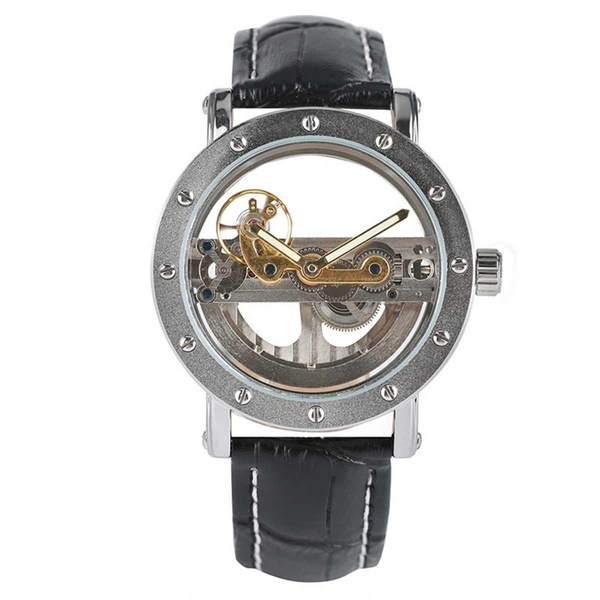Men\'s Luxury Fashion Bridge Steel Leather Strap Round Dial Steampunk Skeleton Mechanical Wrist Watch