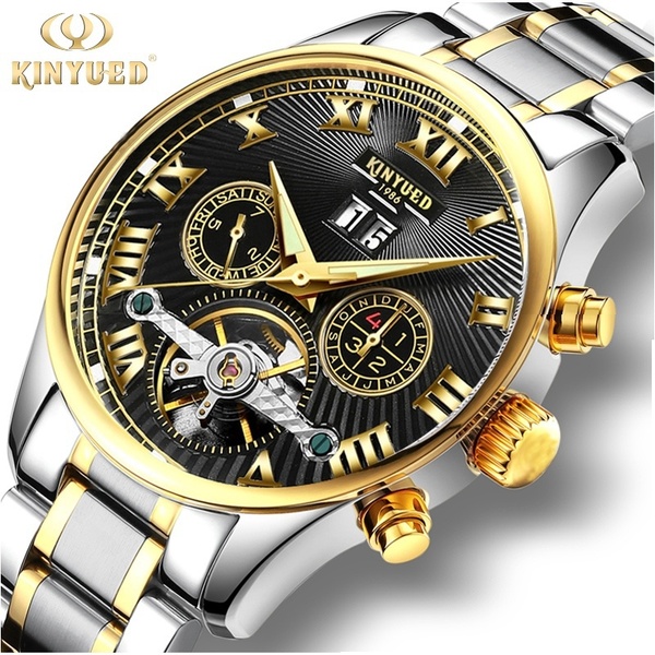 Luxury Brand KINYUED Business Mechanical Watches Mens Skeleton Tourbillon Automatic Watch Men Gold Steel Calendar Waterproof Relojes Hombre(dial color:white,black)