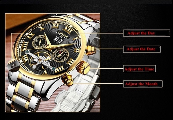 Luxury Brand KINYUED Business Mechanical Watches Mens Skeleton Tourbillon Automatic Watch Men Gold Steel Calendar Waterproof Relojes Hombre(dial color:white,black)