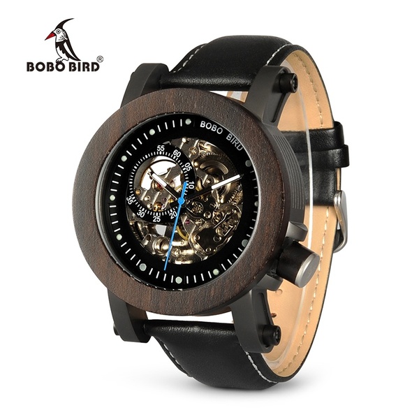 BOBO BIRD Luxury Brand Men Mechanical Watches Black Wooden Watch Genuine Leather Strap Wooden Gifts Boxes K10