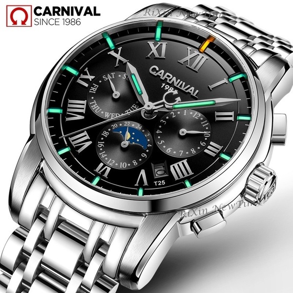 luxury brand luminous military watch men moon phase auto mechanical watches full steel waterproof clock uhren montre