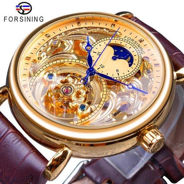 Men Luxury Automatic Mechanical Watch 30M Waterproof Luminous 2019 Moon Phase Gold Dial Rel