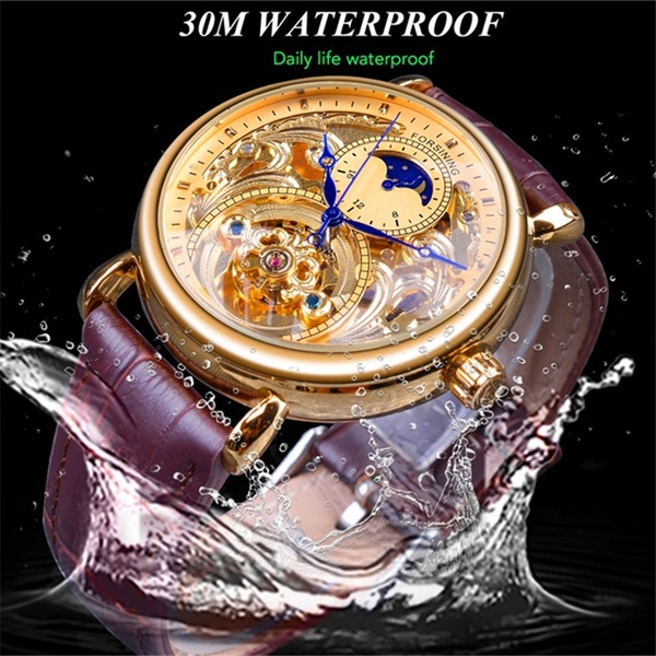 Men Luxury Automatic Mechanical Watch 30M Waterproof Luminous 2019 Moon Phase Gold Dial Rel