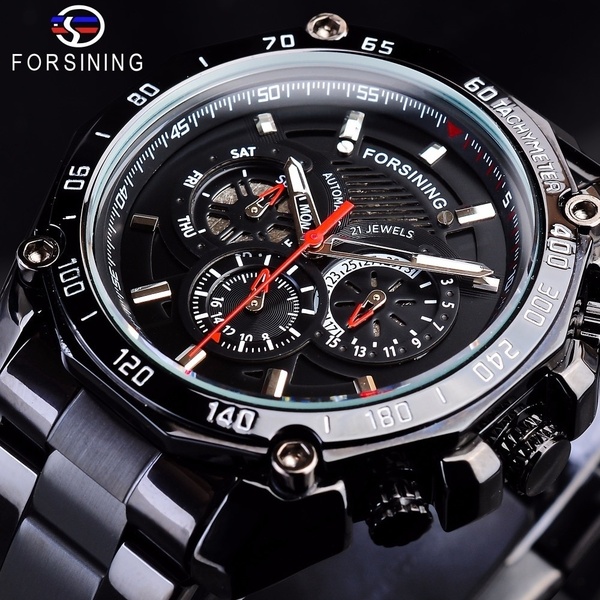 Forsining Steampunk Black Steel Sport Mens Automatic Wrist Watches Military Mechanical Male Clock