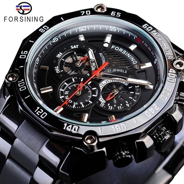 Forsining Steampunk Black Steel Sport Mens Automatic Wrist Watches Military Mechanical Male Clock