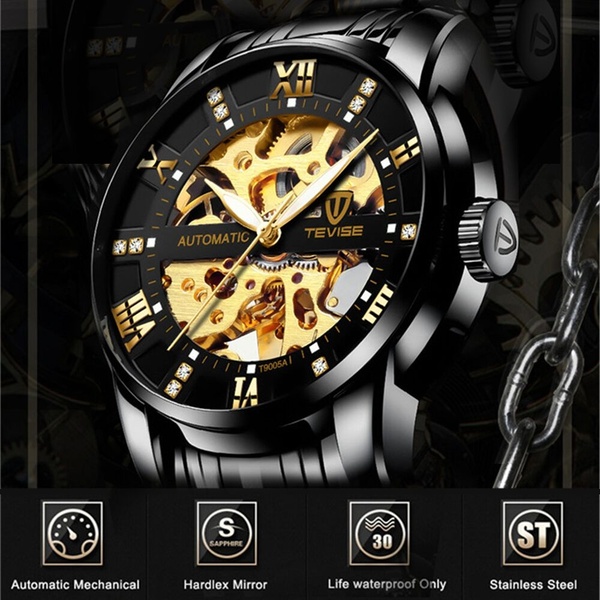 TEVISE Brand Automatic Skeleton Watches Diamond Luminous Hands Mens Fashion Mechanical Wristwatches + Gift Box