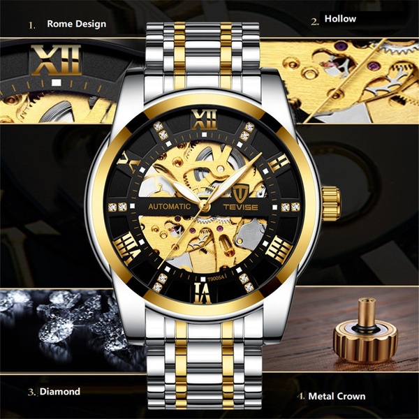 TEVISE Brand Automatic Skeleton Watches Diamond Luminous Hands Mens Fashion Mechanical Wristwatches + Gift Box