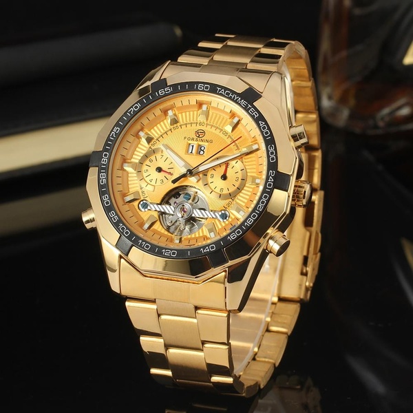 FORSINING Stainless Steel Automatic Calendar Men Gold Watch with Gift Box