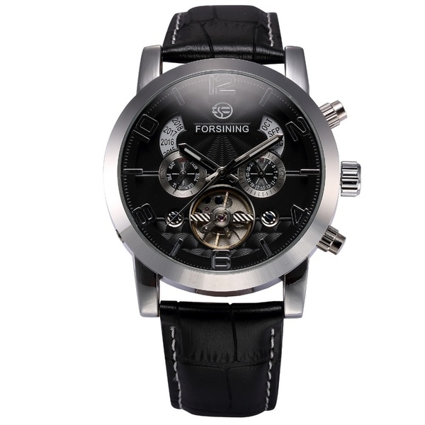 FORSINING Multifunction Mechanical Auto Analog Date Day Leather Strap Male Clock Men Dress Wrist Automatic Self Wind Watch with Gift Box