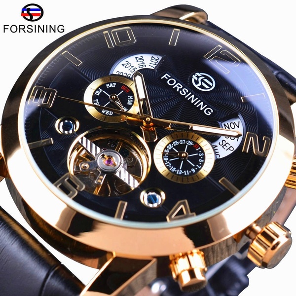 FORSINING Rose Gold Multifunction Mechanical Auto Date Day Leather Strap Male Clock Men Dress Wrist Automatic Self Wind Watch with Gift Box