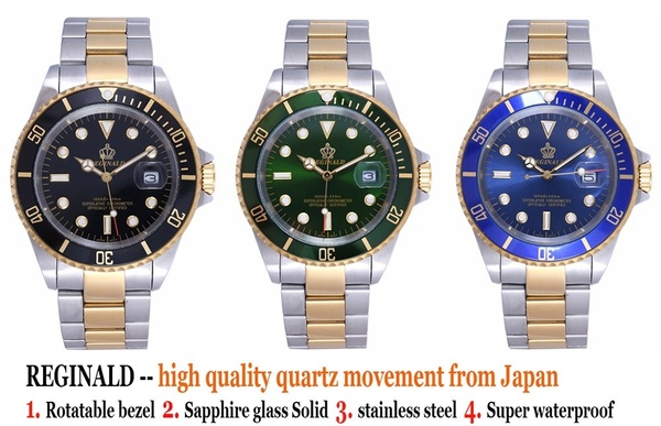 REGINALD Gold Watch Men GMT Rotatable Bezel Sapphire Glass Stainless steel Band Sport Quartz WristWatch reloj 40MM