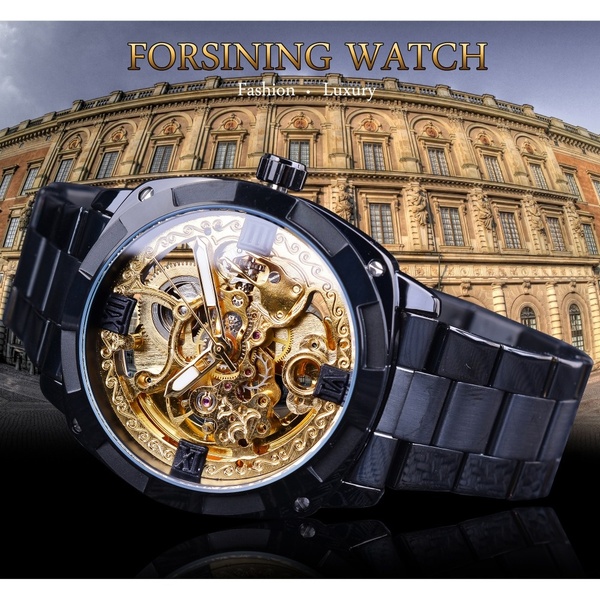 Forsining Retro Design Skeleton Stainless Steel Transparent Watch Men Automatic Mechanical Watches